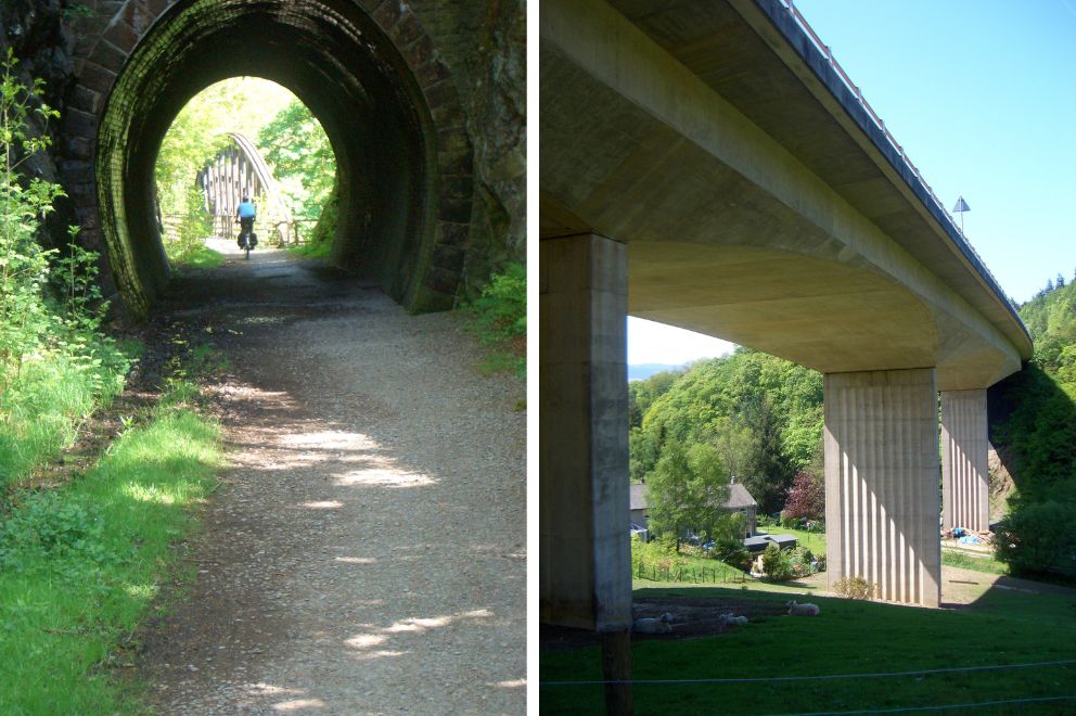 Split image; left 
	peter cycling through old railway tunner; right a large concrete road bridge.