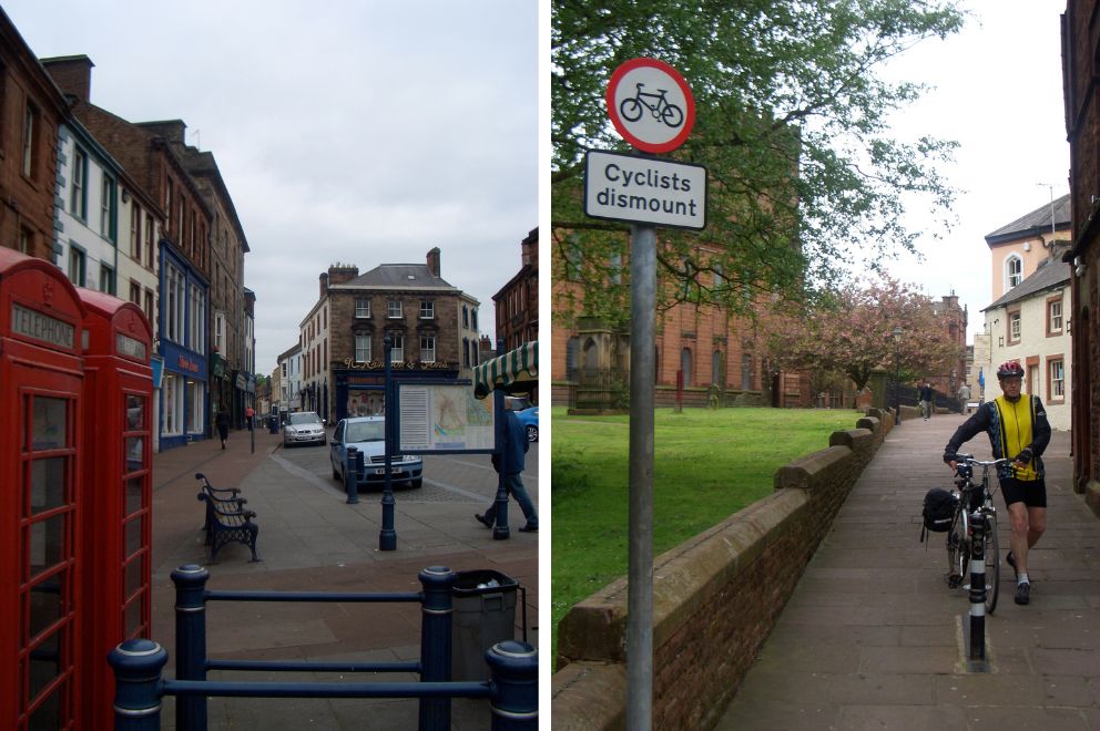 two images of Penrith; left street with phoneboxes; right Peter walking on pathway.